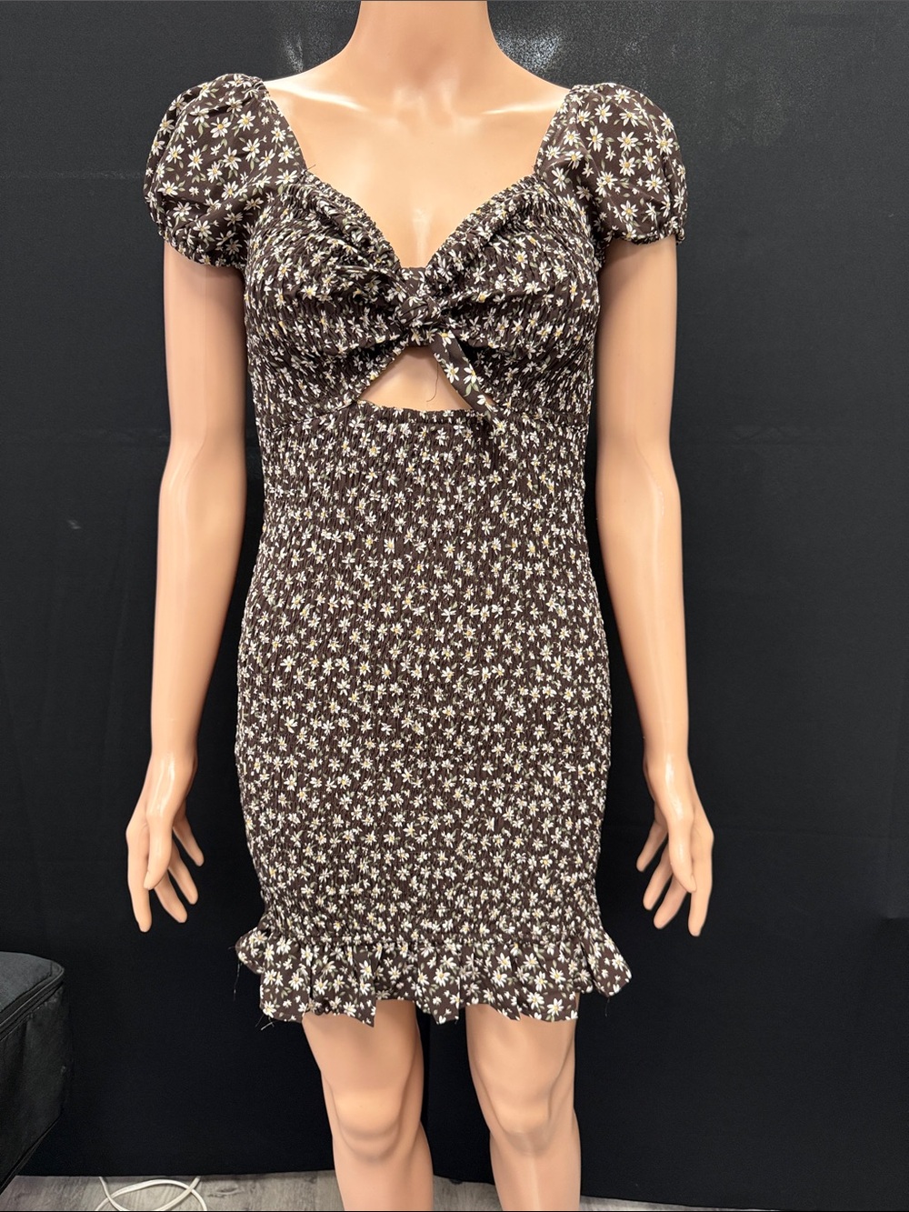 She + Sky Brown Floral Puff-Sleeve Tie-Front Mini Dress